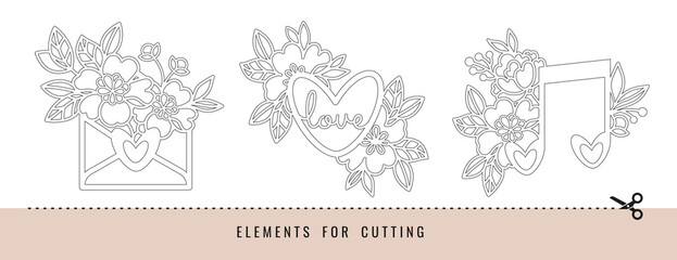 Envelope, heart, note and flowers. Elements for decoration. Templates for cutting paper, plotter or laser cutting.