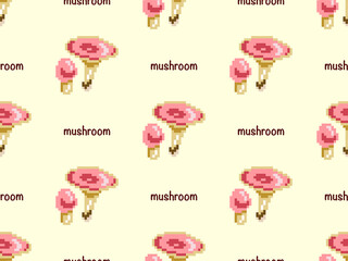 Mushroom cartoon character seamless pattern on yellow background. Pixel style