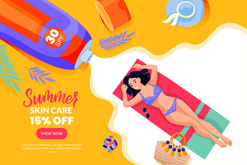 Woman sunbathing with tube of sunscreen. Poster or banner with liquid sunblock cream background. Vector illustration