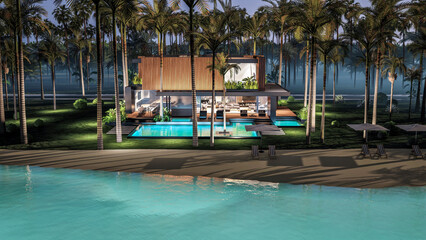 3d rendering of modern cozy house with parking and pool for sale or rent with wood plank facade by the sea or ocean. Starlight night by the azure coast with palm trees and flowers in tropical island