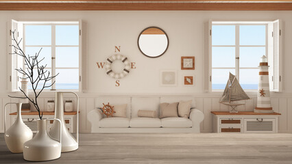 Wooden table top or shelf with minimalistic modern vases over living room with sofa and panoramic windows, marine style, nautical architecture interior design