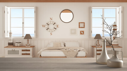 Wooden table top or shelf with minimalistic modern vases over white bedroom with bed and panoramic windows, marine style, nautical architecture interior design