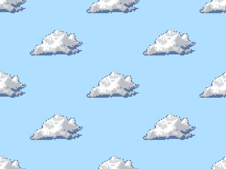 Cloud cartoon character seamless pattern on blue background. Pixel style