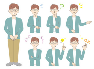 様々なポーズのカジュアルな服装の男性　全身　上半身　バリエーション