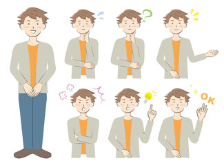様々なポーズのカジュアルな服装の男性　全身　上半身　バリエーション