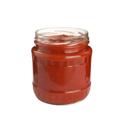 Glass jar of delicious canned lecho isolated on white