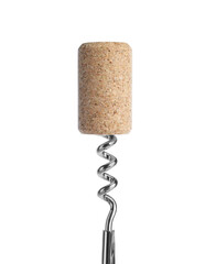 Corkscrew with wine cork on isolated background. Domestic tool