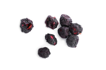 Pile of freeze dried blueberries on white background, top view