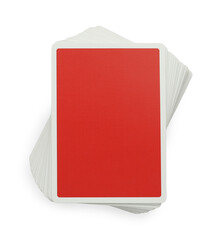 Deck of playing cards on white background, top view