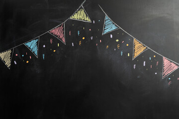 Image of birthday hanger drawn on chalk board. Chalk board background. Background for birthday. - obrazy, fototapety, plakaty