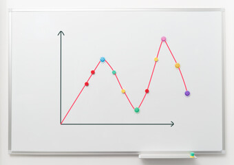 Image of white magnetic board  with bussines chart report. Woman's hand showing ups and downs on...