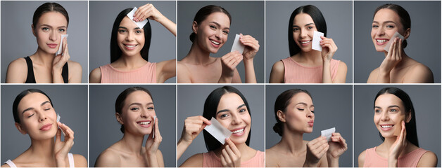 Obraz premium Collage with photos of beautiful woman using mattifying wipe on grey background. Banner design