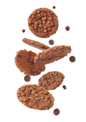Delicious chocolate chip cookies falling on white background