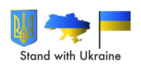 Stand with Ukraine. War in Ukraine. Support for Ukraine. Ukrainian national symbols: flag, coat of arms. Map, borders of Ukraine. Vector illustration isolated on a white background.