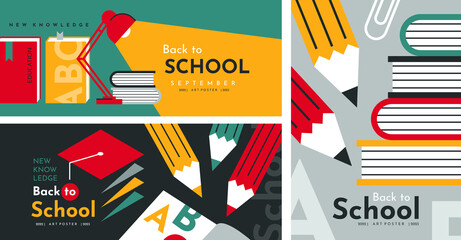 Education banners and poster with school elements and attributes: pencils, books, notebook, table lamp, graduation cap. Back to School background.