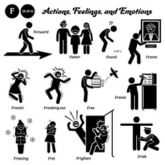 Stick figure human people man action, feelings, and emotions icons alphabet F. Forward, foster, found, frame, frantic, freaking out, free, freeze, freezing, fret, frighten, and frisk.