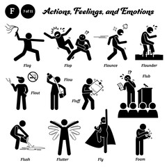 Stick figure human people man action, feelings, and emotions icons alphabet F. Flog, flop, flounce, flounder, flout, flow, fluff, flub, flush, flutter, fly, and foam.