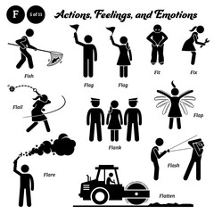 Stick figure human people man action, feelings, and emotions icons alphabet F. Fidget, fight, file, fill, film, filter, finance, finalize, find, fine tune, finger, finish, and fire.