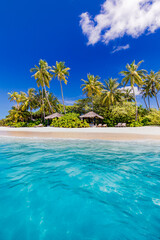 Fototapeta na wymiar Paradise island beach. Tropical landscape of summer scenery, sea sand sky palm trees. Luxury travel vacation destination. Exotic beach landscape. Amazing nature, relax, freedom nature concept Maldives