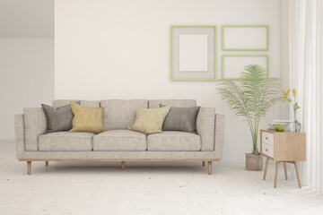White living room with sofa. Scandinavian interior design. 3D illustration