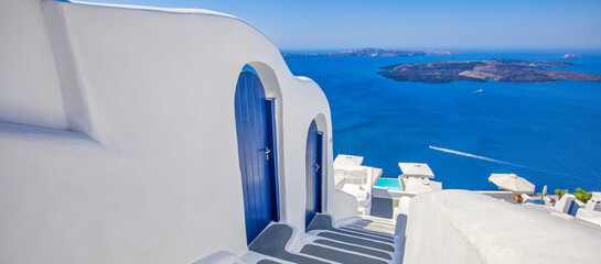 Amazing panoramic landscape, luxury travel vacation. Oia town stairs, blue doors on Santorini...