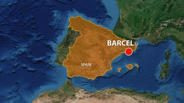 Designation of the borders of Spain on the map and the mark of the location of the city of Barcelona