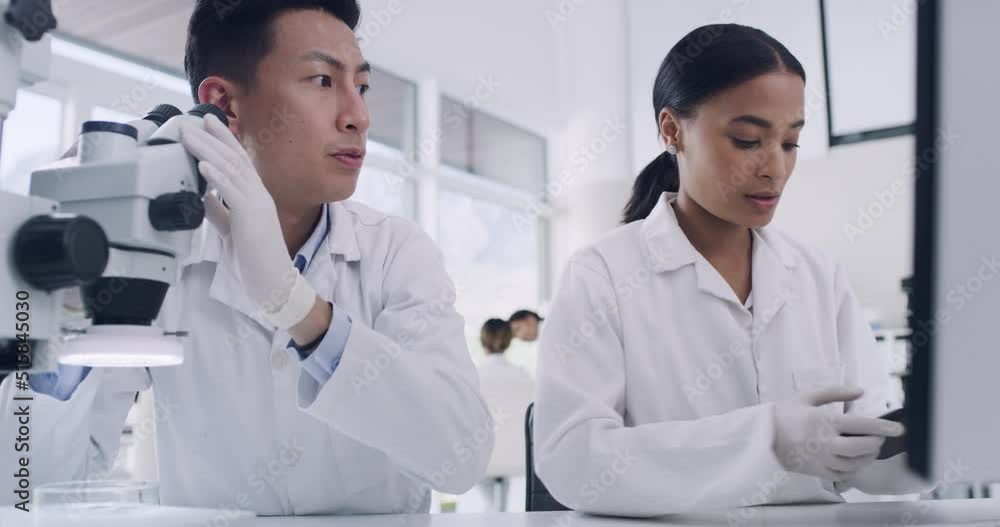 Aufkleber Two scientists working online in a lab. Diverse colleagues discussing forensic research on a computer and digital tablet while analyzing medical samples and doing science experiment to develop a cure