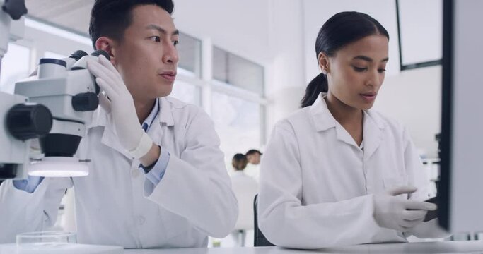 Two scientists working online in a lab. Diverse colleagues discussing forensic research on a computer and digital tablet while analyzing medical samples and doing science experiment to develop a cure