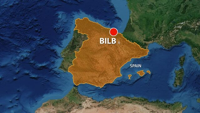 Designation of the borders of Spain on the map and the mark of the location of the city of Bilbao