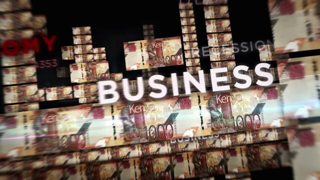 Kenya Shilling money loop 3d animation. Camera flying between KES banknotes. Finance, economy, crisis, business success, recession, debt and tax seamless looped concept.