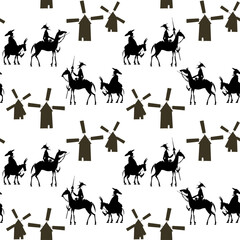 Knight-errant Don Quixote with his servant, Sancho Panza and windmills. Black and white. Seamless background pattern