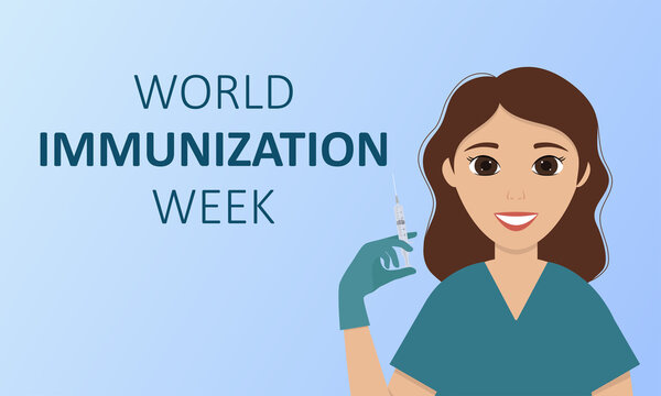 World immunization week. Doctor or nurse holding syringe on blue background. Template for banner, poster, flyer. 