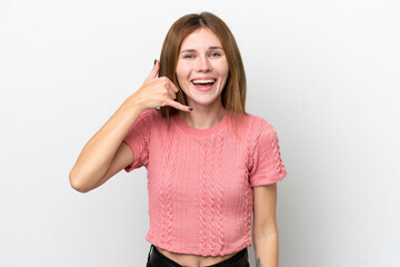 Young English woman isolated on white background making phone gesture. Call me back sign