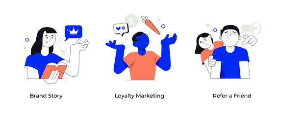 Customer loyalty in online business. Set of concepts. Brand story. Loyalty marketing. Refer a friend. Visual scenes for storytelling