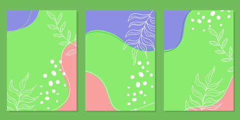 set of natural green cover designs. background with hand drawn floral elements