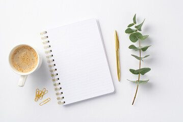 Business concept. Top view photo of workplace open notepad cup of coffee clips gold pen and eucalyptus sprig on isolated white background with blank space - obrazy, fototapety, plakaty