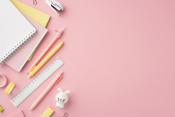 Back to school concept. Top view photo of stationery note pads pens bunny shaped sharpener adhesive...