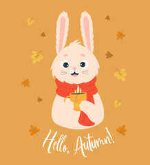 Autumn poster. Happy rabbit in knitted scarf with cup of hot tea against background of falling autumn leaves. Hello, Autumn. Vector illustration. Autumn character bunny for cards and design.