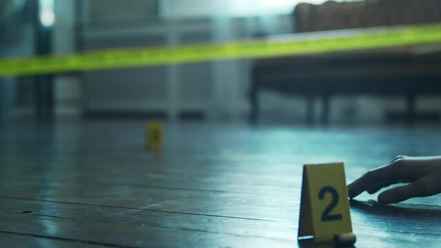 Closeup of a Crime Scene in a Deceased Person's Home. Dead man, Police Line, Clues and Evidence. Serial Killer and Detective Investigation Concept.