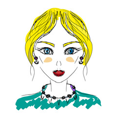 Blonde girl with blue eyes, red lipstick, model, sketch