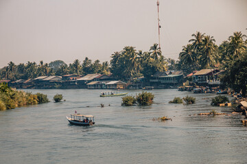 Don Det, Laos - January 18th, 2021 : View on the Mekong in the 4000 islands in the south of Laos...