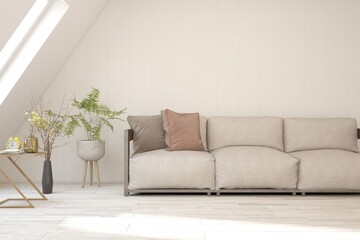 White living room with sofa. Scandinavian interior design. 3D illustration