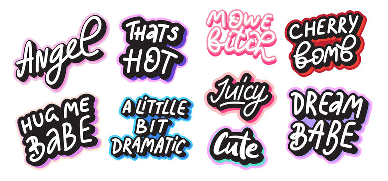 Retro hipster y2k aesthetic sticker set. Cute Glamorous lettering in 2000 style.
