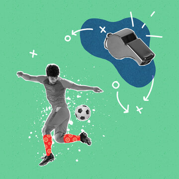 Contemporary art collage. Professional male soccer football player kicking the ball over light background with drawings. Sport, achievements, media, betting, news, ad