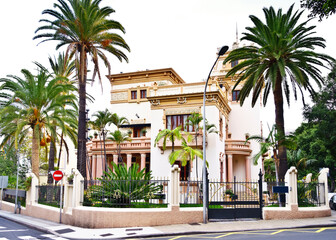 Fototapeta na wymiar Beautiful old house or building, art nouveau style, in a residential area of Santa Cruz de Tenerife, Canary Islands, Spain.