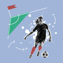 Energetic female soccer player playing football over light background with drawings, sketches....