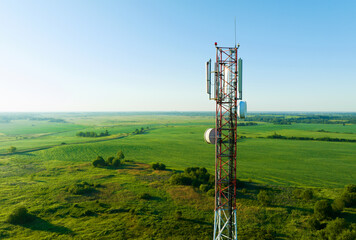 Mobile Tower installation. Cell site and Telecom Base Station. 5G internet online generation....
