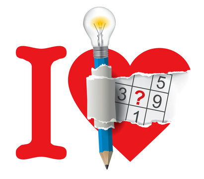 

I love sudoku, heart symbol.
Torn paper heart with  sudoku and smart Pencil with bulb. Isolated on white background. Vector available.