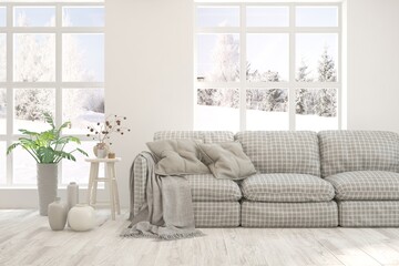 White living room with sofa and winter landscape in window. Scandinavian interior design. 3D illustration