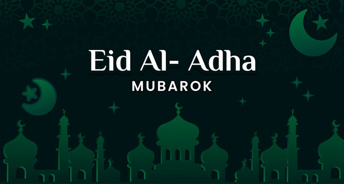 Eid al-Adha banner template vector design with Islamic dark green background and mosque motif